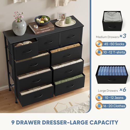 image for DUMOS 9 Drawer Dresser for Bedroom, Fabric Storage Organizer with Stur