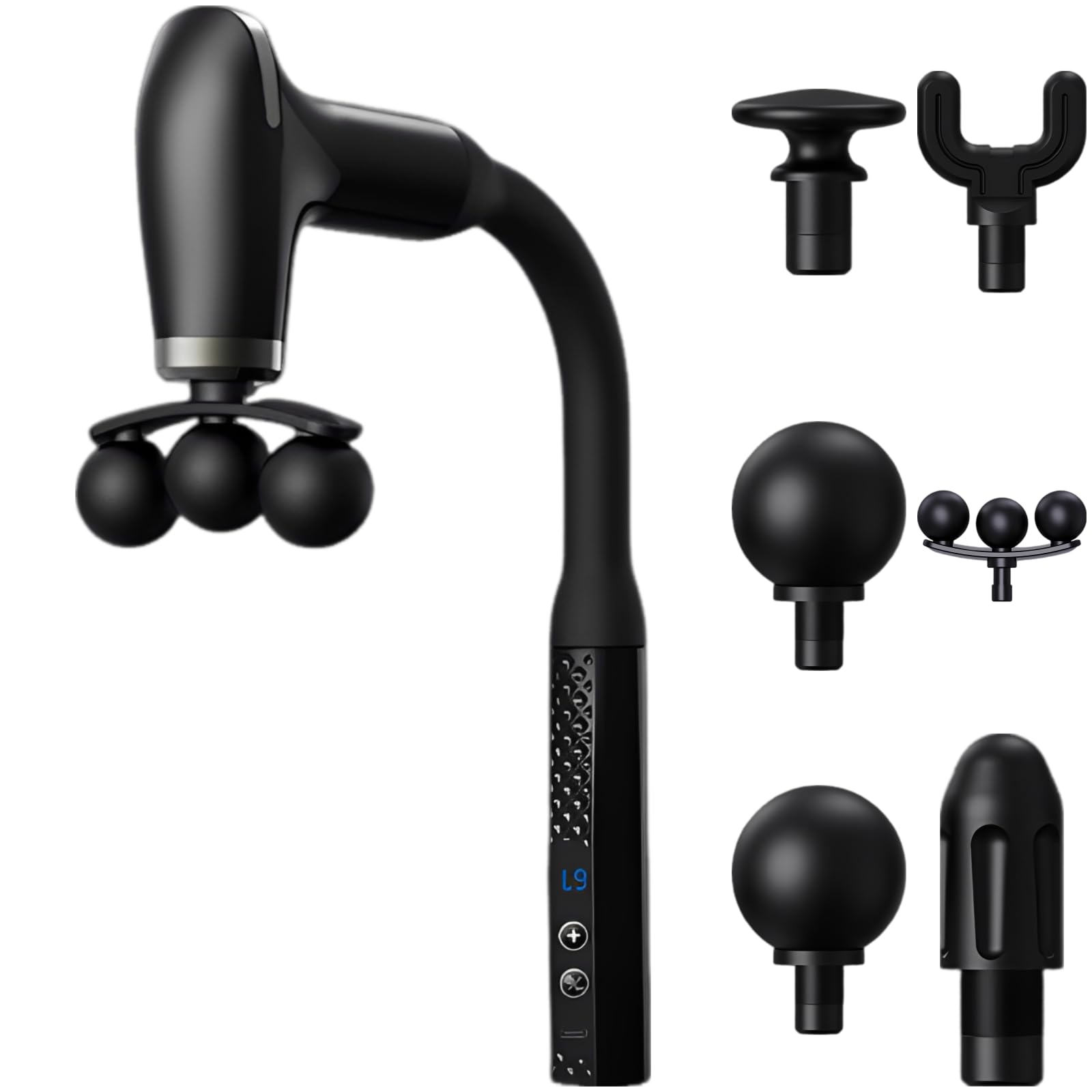 Massagegerät mit Verlängerungsgriff, ergonomisch gebogenes Handmassagegerät für den Rücken mit 8 Köpfen und L9-Display, Perkussionsmassage für Nacken, Beine und Schultern, Type-C aufladbar, leiser