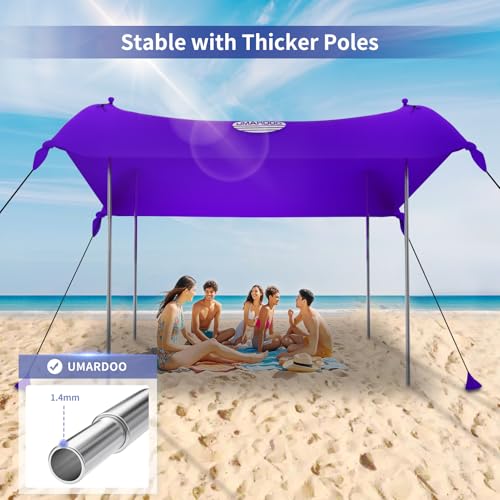 Image of UMARDOO Family Beach Tent Canopy Sun Shade Portable, Large Compact Beach Sun Shelter Easy Setup with Packable Bag for Outdoor Travel (Purple, 12X12 FT. 4Poles)