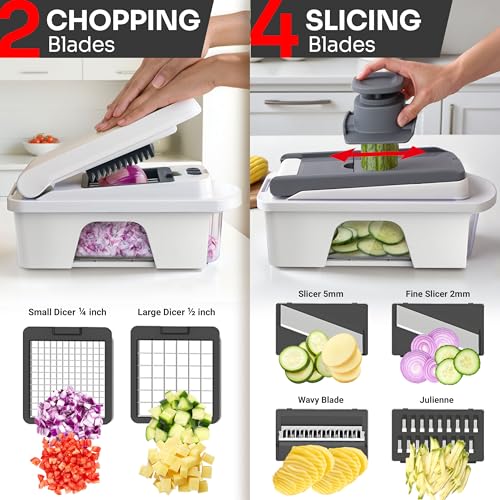 Image of Mueller Pro-Series All-in-One, 12 Blade Mandoline Slicer for Kitchen | Spiralizer, Food Chopper, Vegetable Slicer, Cutter, Dicer, Grater, Kitchen Gadgets with Container, White Sand /Gray