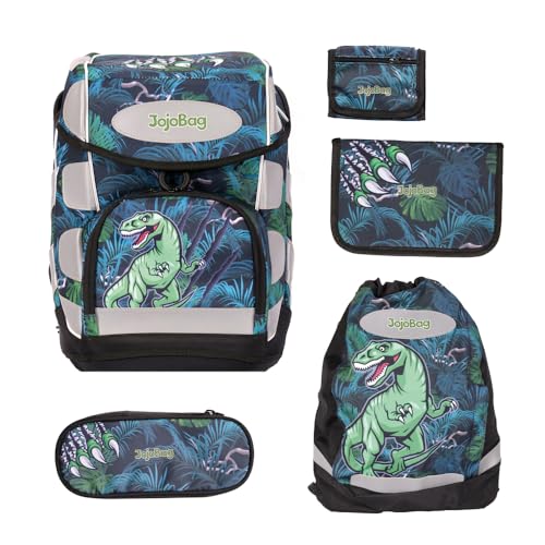 JojoBag Schulranzen-Set I Ergonomischer Schulranzen für Jungen & Mädchen I Komplettset mit Federmäppchen, Sportbeutel & Geldbörse I Leicht & Reflektierend (Dino)