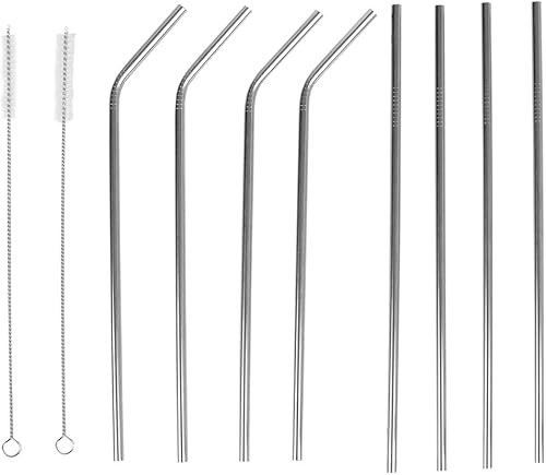 Home Basics 10 popotes reutilizables de acero inoxidable con 2 cepillos de limpieza, color plateado