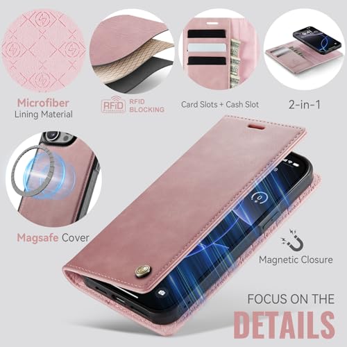 Image of Wallet Case for iPhone 13 Pro Compatible with Magsafe, 2-in-1 PU Leather Flip RFID Blocking Card Holder Stand Shockproof Magnetic Detachable Cover for iPhone 13 Pro Case 6.1 inch, Pink