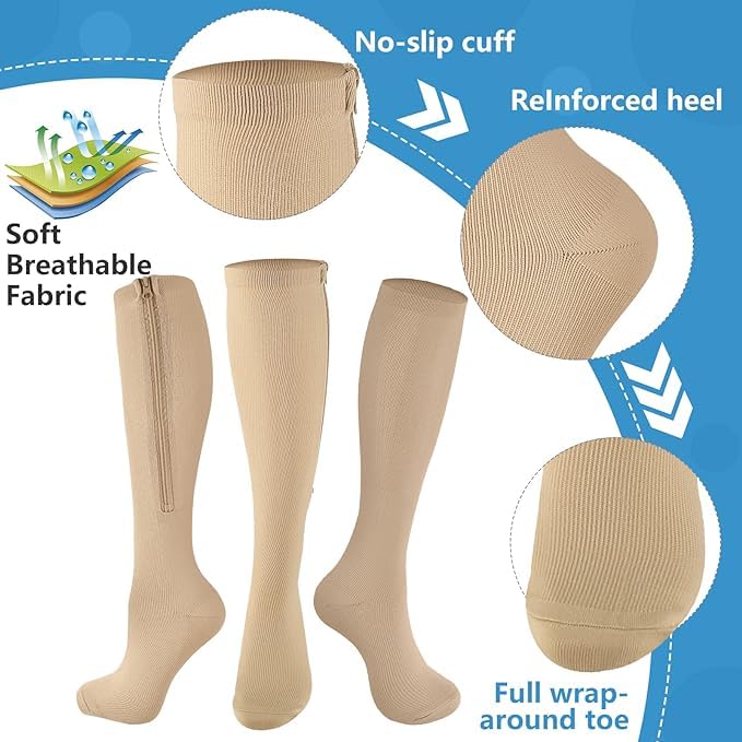 Image of bropite Zipper Close Toe Compression Socks for Women and Men 2 Pairs Knee high 15-20mmHg for Walking Running Nurses Pregnancy