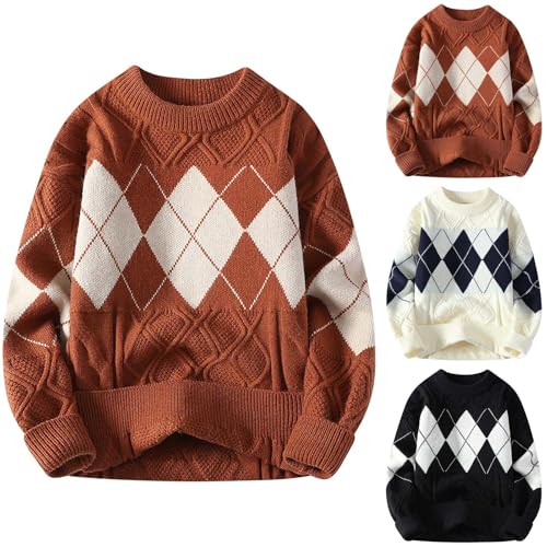 Cambkatl Argyle Sweater for Men Stylish Geometric Crewneck Pullover Loose Long Sleeve Cozy Cable Knitted Jumper Tops2