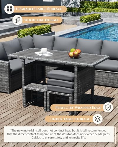Image of U-MAX 7 Pieces Patio Furniture Set, Outdoor Sectional Sofa Conversation Set, All Weather Wicker Rattan Dining Table & Chair with Ottoman, Grey Rattan&Grey Cushion