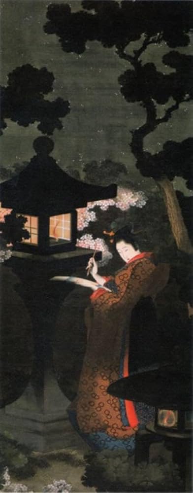 掛軸　美人図「光る君」 Amazon.co.jp: 葛飾応為 夜桜美人図(春夜美人図) 89×33.8cm 複製