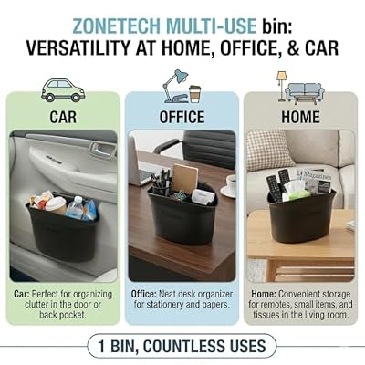 ZONETECH Portable Hanging Mini Car Garbage Can Classic Black Trash Container - Premium Quality Automotive Universal Compact Traveling Wastebasket for Vehicle,Office,Home (2-Pack)