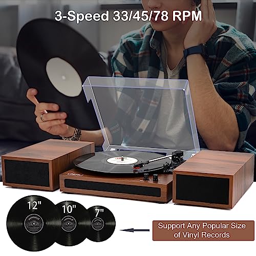 LP&No.1 Vinyl Record Player with Stereo Bookshelf Speakers, Vintage Wood Finish, 3-Speed Belt-Drive Turntable with Wireless Input Playback Mode, RCA Output, Auto Stop | Mahogany - Les Beatles, Paul McCartney, John Lennon, RIngo Starr, George Harrison LP&No.1 Vinyl Record Player with Stereo Bookshelf Speakers, Vintage Wood Finish, 3-Speed Belt-Drive Turntable with Wireless Input Playback Mode, RCA Output, Auto Stop | Mahogany – Image 4