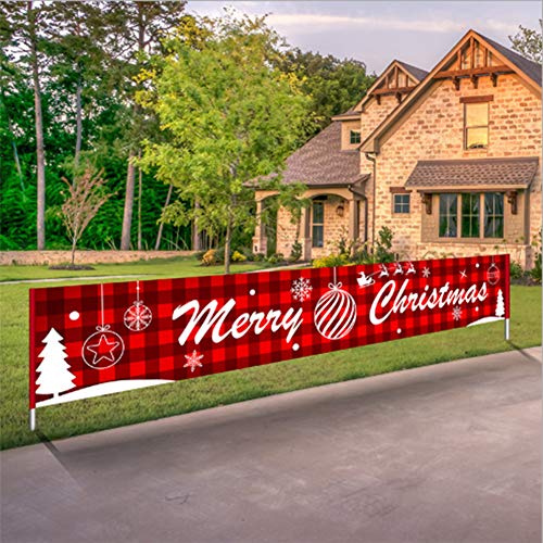 feiwo Large Merry Christmas Banner,Xmas Outdoor & Indoor Hanging Decor,Xmas Sign Huge Xmas Home Party Decoration (Red Lattice Letters) - Thumbnail 3
