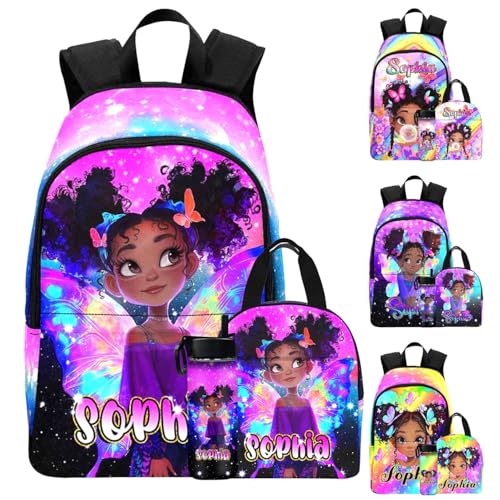 Custom Kid's Backpack for Girl with Lunch Bag Cute Afro Girl Butterfly Personalized School Book Bags for Kids Back to School Suplies Customization Name Backpack for Preschool Kindergarten