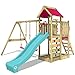 WICKEY Parco giochi in legno MultiFlyer Giochi da giardino con altalena e scivolo turchese, Torre d'arrampicata da esterno con sabbiera e scala di risalita per bambini
