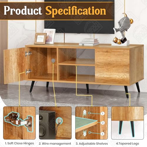 Image of ABOUT SPACE TV Unit - Engineered Wooden TV Stand Table with Bottom Open Storage, Adjustable Shelves & 2 Closed Cabinets for Set Top Box WiFi Router Stand (CM Oak - L 136 x B 40.5 x H 53 cm)
