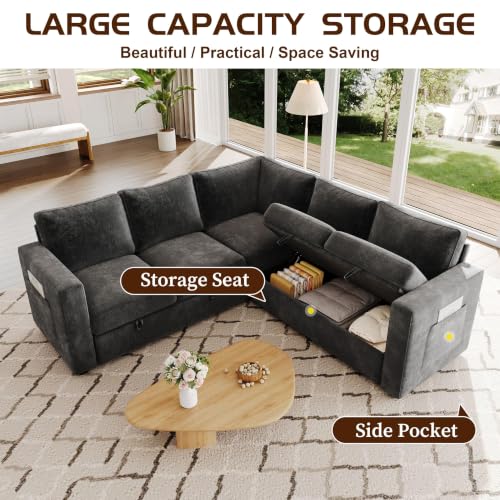 Image of 83.5 inch Chenille Sectional Sleeper Sofa Pull Out Couch with Storage Dark Gray | 5 Seat Comfy Couches for Living Room, Apartments, or Guest Spaces; Sectionals Modular Sofa Design, Comfortable Seating.