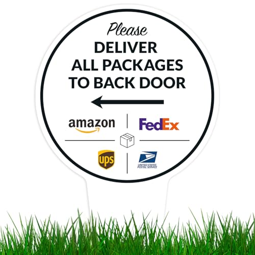Image of Package Delivery Sign, Delivery Instructions Deliver All Package to Back Door Left Arrow Sign, 9x17 Inches Round Shape, Aluminum Composite Made in USA by Sigo Signs