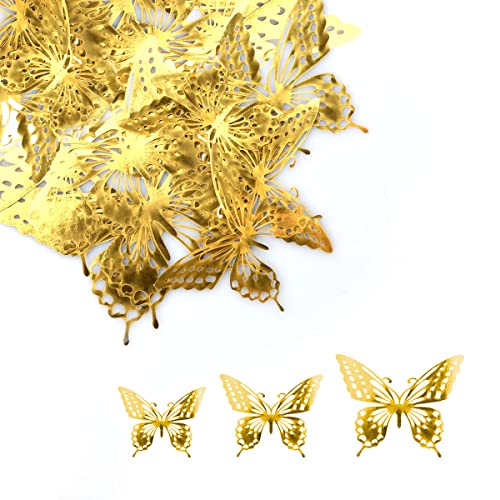 48PCS 3D Butterfly Wall Stickers Jagowa Home Decorations Gold Glitter 3D Butterfly DIY Décor Wall Decals for Bedroom Party Wedding