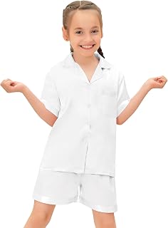 Satin Kid Pajamas for Girls Silk Pjs Set Boys Sleepwear Button-up Lounge Sets Short Sleeve Nightwear with Pockets