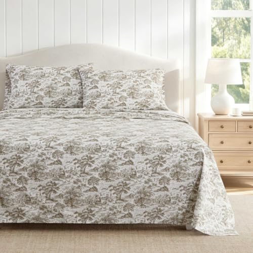 Image of Martha Stewart - Twin Sheet Set with Fitted Sheet & Pillowcase, Cotton Percale Bedding with a Smooth Feel, Deep Pocket, Amelie Toile Brown