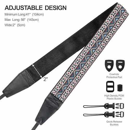 Image of Padwa Lifestyle Boho White Camera Strap - 2 inch Full Grain Leather Ends Camera Straps for Photographers, Vintage Embroidered Cotton Weave Soft Suede Fabric Padded Strap Quick Release fits All Cameras
