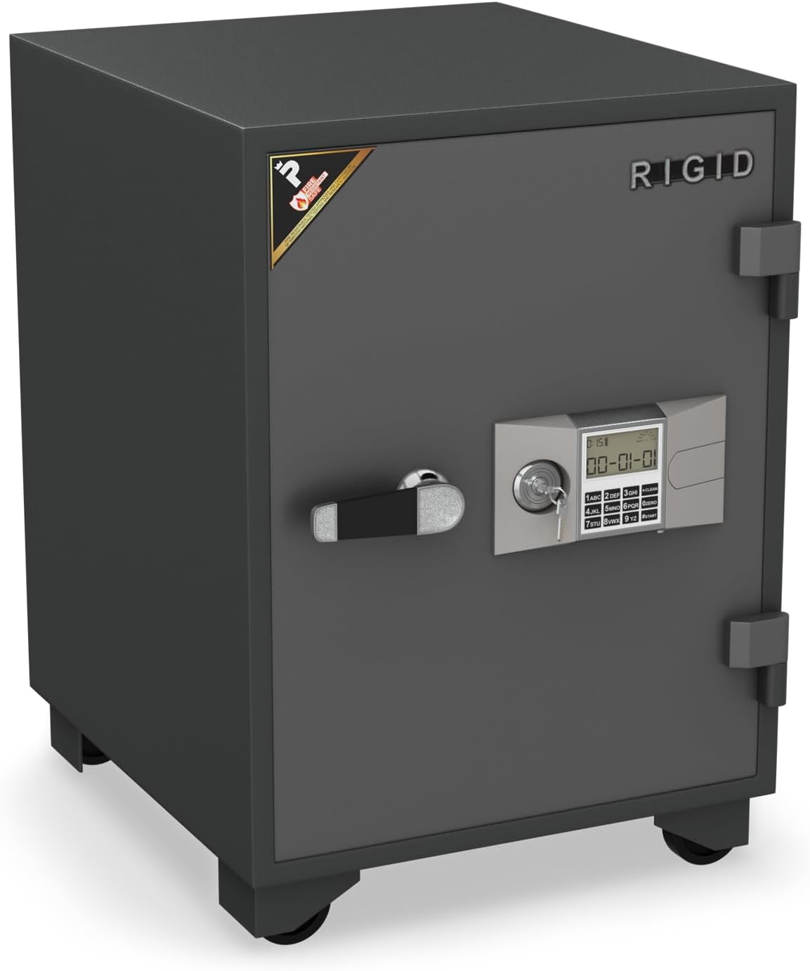 RIGID 64L Fire Resistant Safe | 60 Min/945°C NT FIRE 017 Rated | Digital & Key Lock with Alarm, Drawer, Wheels | 5-Layer Protection with Adjustable Shelf for Office & Home (55D x 50W x 70H CM, Grey)