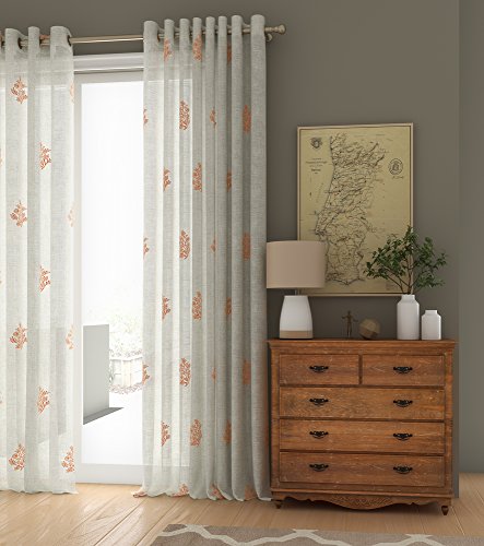 Image of Curtain Label Set of 2 Jaisalmer Sheer Printed Cotton Eyelet Curtain - 4.5 X 9 Ft, Red