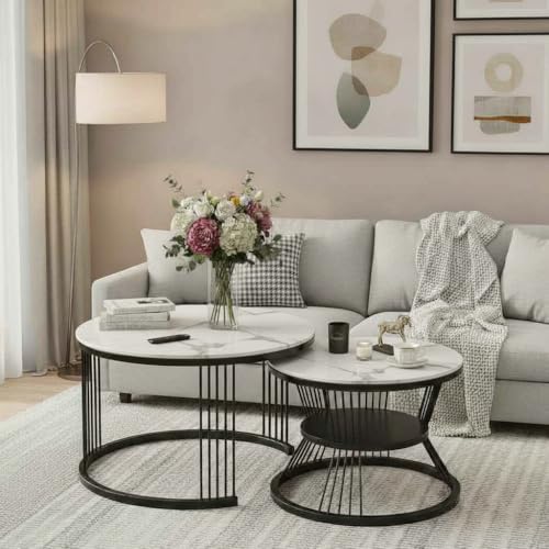 Image of Round Coffee Table Set of 2 for Living Room Wooden Top with Gold Metal Frame Modern Nesting Center Table for Sofa Area Home & Office Furniture (Black White)
