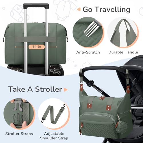 Image of Tenot Diaper Bag Tote with Pacifier Case, Baby Bag for Women with Shoulder Straps, Travel Diaper Tote for for Mom and Dad Medium Size, Green