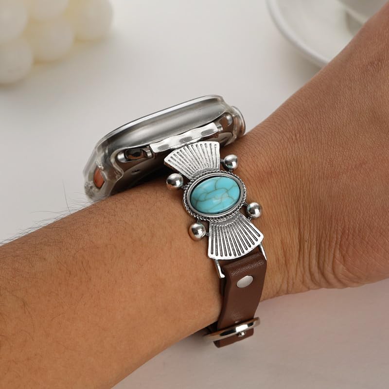 Bracelet de montre bohème vintage en cuir turquoise antique compatible avec iWatch pour homme et femme | Bijoux occidentaux cowboy chic, compatible avec Smart Watch Series Ultra 2SE