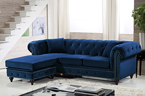 Meridian Furniture Sabrina Reversible 2 Piece Button Tufted Velvet Sectional With Scroll Arms, Nailhead Trim, And Custom Wood Legs, Navy #TOP6