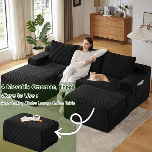 Image of 96.1 inch Modular Sectional Sofa with Ottoman, Modern Corduroy Cloud Couch, Boneless Couch Upholstered 3-Seater U-Shaped Sofa for Living Room, No Assembly (Black, Left-Facing Chaise)