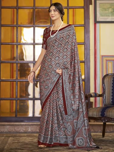 Image of SAREE MALL Women's Ajrkh Print Satin Crepe Polka Dot Printed Saree With Unstitched Blouse Piece