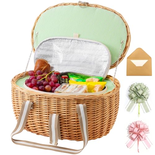 WeaveNove Picnic Basket Insulated with Lid, Extra Large Wicker Picnic Basket with Waterproof...
