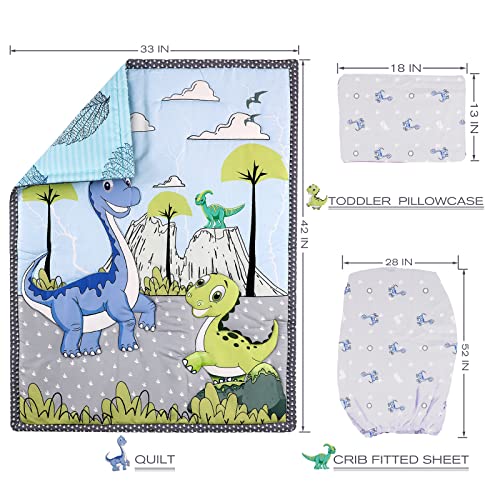 Image of JISEN 3 Piece Crib Bedding Set Crib Quilt Crib Sheet Pillowcase - Soft Microfiber Printed Nursery Set for Baby Boys or Girls Dinosaurs