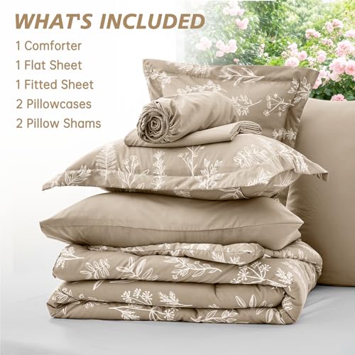 Image of MUXHOMO Oversized King Comforter Set, Taupe Elegant Floral Print Bed in a Bag 7 Pieces, Ultra Soft & Breathable Reversible Botanical Pattern Bedding Set with Comforter, Sheets, Pillowcases, and Shams
