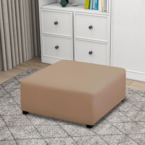 Image of PureFit Super Stretch Form Fit Square Ottoman Cover Rectangle - Ottoman Slipcovers for Foot Stool & Folding Storage Furniture for Living Room with Nonslip Elastic Bottom (Medium-XL, Camel)