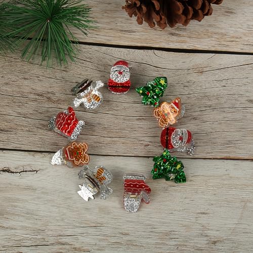 10 piezas mini clip de uñas navideñas para mujer con diseños de árbol de navidad, guantes, hombre de jengibre, muñeco de nieve y Santa Claus - accesorios de pelo para fiestas y regalos para niñas miniatura 7