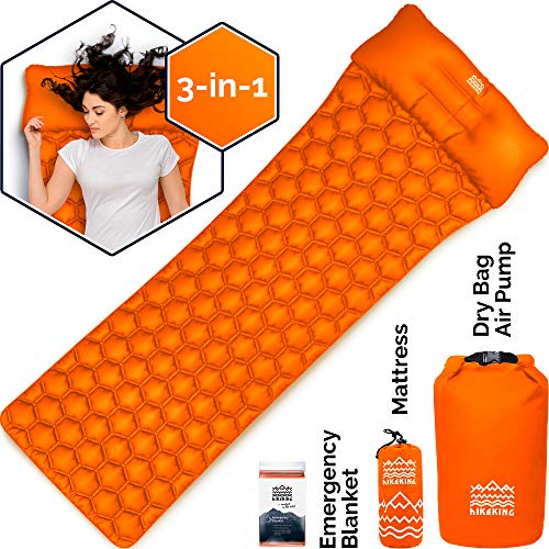 HKNG Ultralight Sleeping Pad with Pillow - for Backpacking, Portable Lightweight Waterproof Survival Outdoor Camping Travel 75D Rip Stop Polyester. 3-in-1 Roll Top Air Pump and Dry Bag (Orange)
