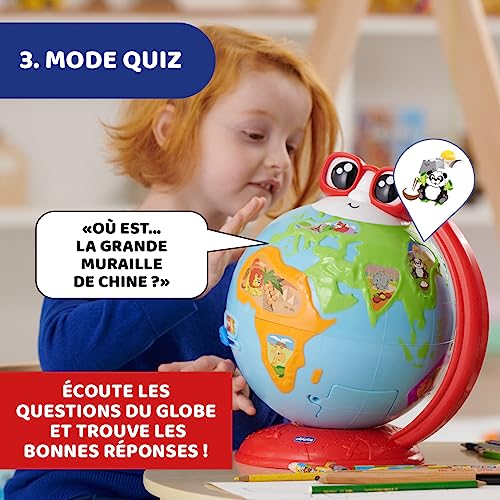 Chicco Edu Globe, Globe Parlant Éducatif, Idéal pour Apprendre La Géographie, La Musique, Les Anecdotes, La Flore, La Faune Et Plus Encore, 300+ Phrases, Quiz Et Chansons, Méthode Montessori