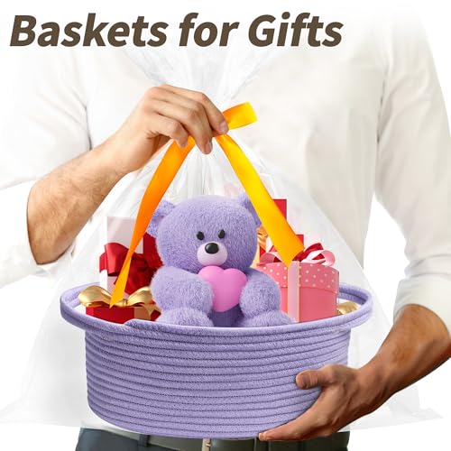 Image of Pro Goleem Small Woven Basket with Gift Bags and Ribbons Durable Baskets for Gifts Empty Small Rope Basket for Storage 12 inchX 8 inch X 5 inch Baby Toy Basket with Handles, purple