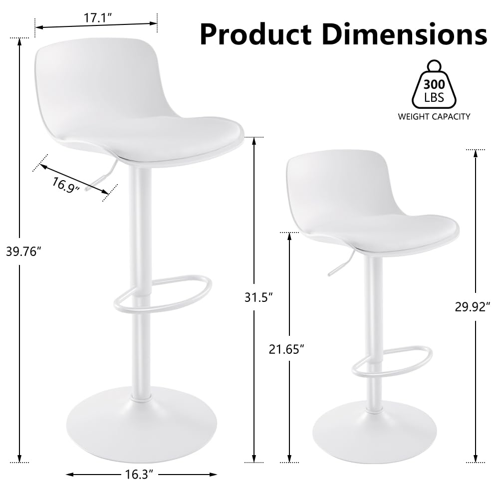 Juego de 2 taburetes de bar blancos ajustables de altura de mostrador, modernos taburetes giratorios de piel sintética con respaldo, taburetes tapizados para isla de cocina, taburetes 2