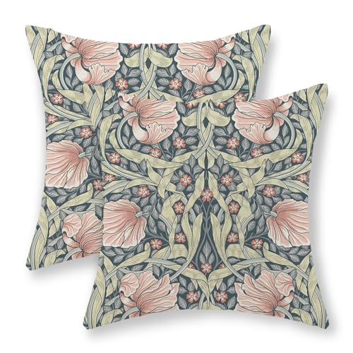 JEFERSO Green Pink Floral Pillow Covers 18x18 Set of 2 William Morris Throw Pillows Vintage Botanical Flower Art Decorative Pillow Cases Outdoor Decor Farmhouse Linen Cushion Case for Couch Sofa