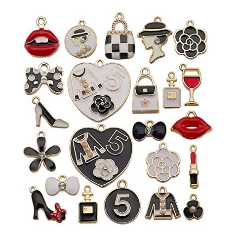Tangser 18pcs Charm Pendants, Girl Hot Fashion Assorted Gold Plated Enamel Pendants, Mixed Women Make Up Lipstick Dress Shoes Purse Hat Charms for Jewelry Making Cover