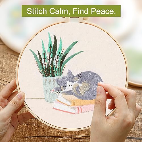 Image of Santune 3 Pack Embroidery Kit for Beginners with Pattern, Cross Stitch Kits for Adults with Instructions,Needlepoint Kits for Adults Include 1 Embroidery Hoops,Color Threads and Needles(Cat)
