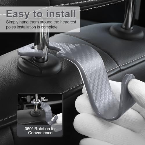 Image of LivTee Car Purse Hook, 4 Pack Universal Auto Seat Headrest Hook Hangers Organizer for Coats, Umbrellas, Groceries - Carbon Fiber Gray