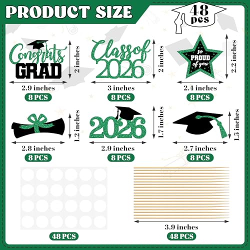 Image of 48 PCS Grad Cupcake Toppers, Glittery Congrats Graduation Cake Topper, 6 Styles Graduation Decorations, Black and Green Cap and Diploma Cake Picks for Class of 2026 Grad Party Decorations Supplies