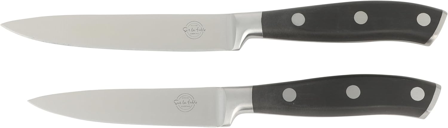 Sur La Table Kitchen Essentials Tasting Kitchen High-Carbon German Steel 7 Piece Full Tang Forged Cutlery Knife Block Set - Black W/Ashwood Block