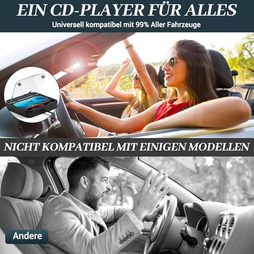 CD Player für Auto mit USB/AUX-Anschluss - Externer Universal Auto CD Player für PKW LKW, Extra USB-Verlängerungskabel, Externes CD Laufwerk für Laptop, PC, Fernseher, kompatibel mit Android Autoradio