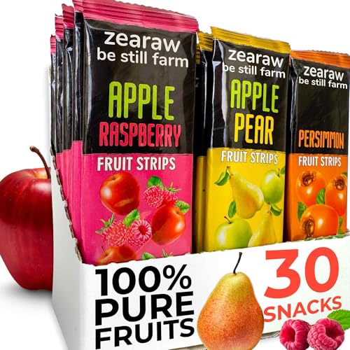 Image of ZEARAW Healthy Fruit Snacks for Adults and Kids - 30 Fruit Leather with Dried Apple-Pear, Apple-Raspberry, Persimmon - Vegan Low-Carb Variety Pack Strips for Kids - Sugar Free Bars