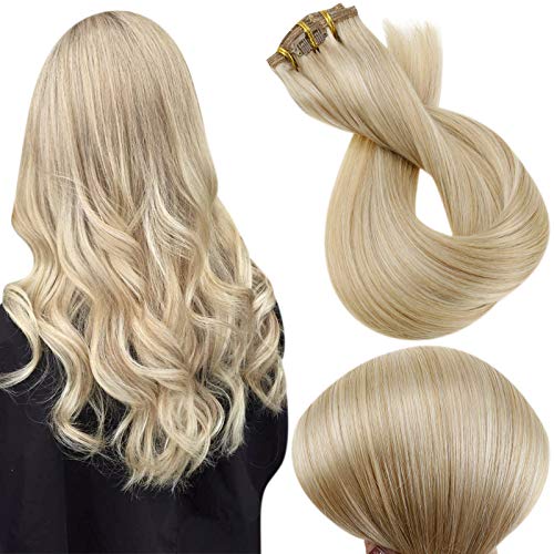 Full Shine Clip in Human Hair Extensions 22 Inch Color 24 Highlight with 27 Honey Blonde Clip in Remy Hair Extensions 7 Pieces 100 Gram Real Human Hair Clip in Extensions