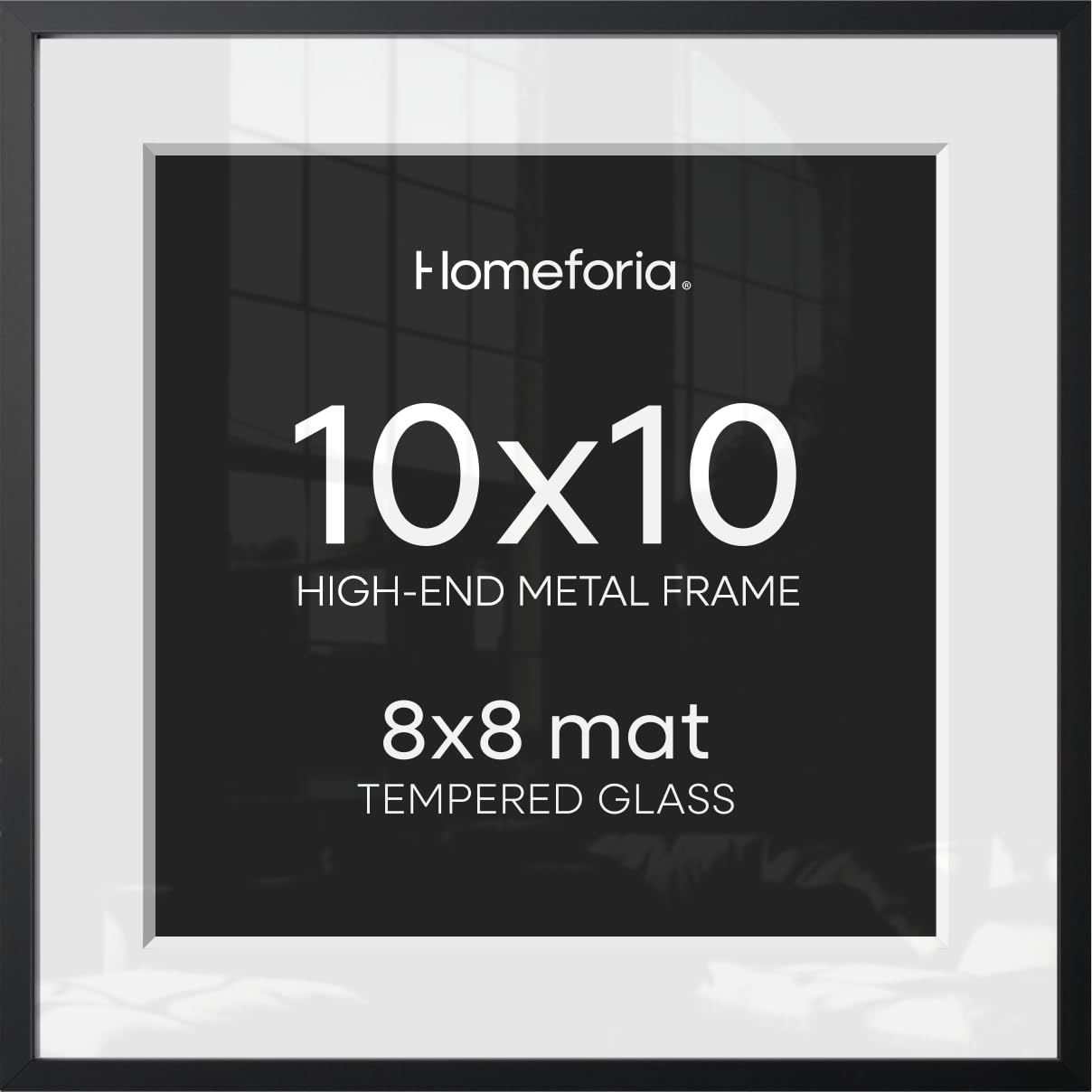 Homeforia 10x10 Black Picture Frame, High-End Metal, 8x8 Mat, Glass